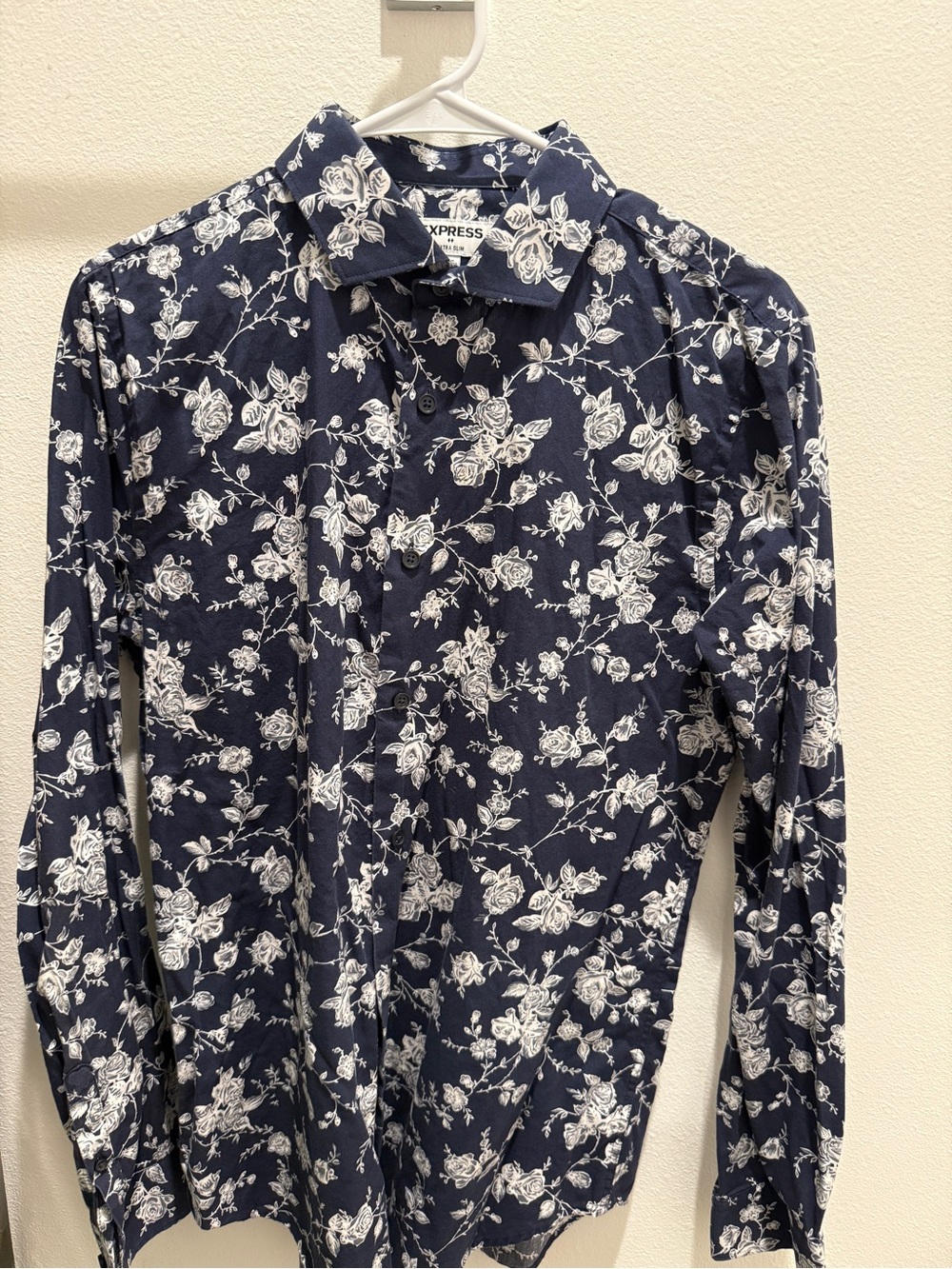 Express Navy and White Floral Button-Down Shirt